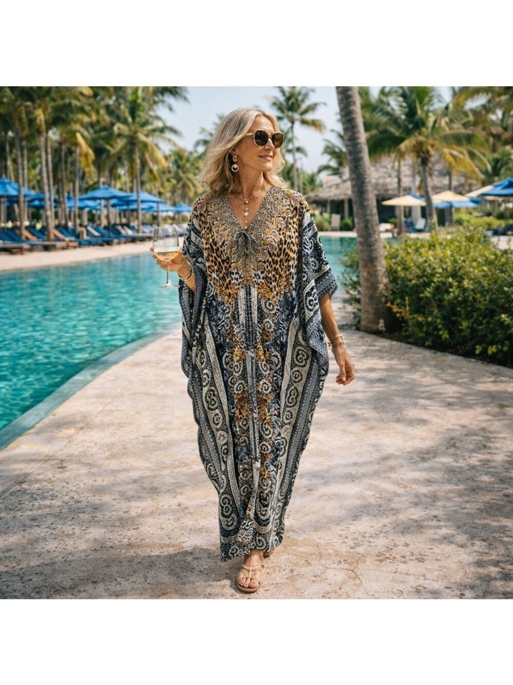 Sakkas Animal Print Kaftan Caftan O/S Dark Neutrals Maxi Beach Dress Cover Pool